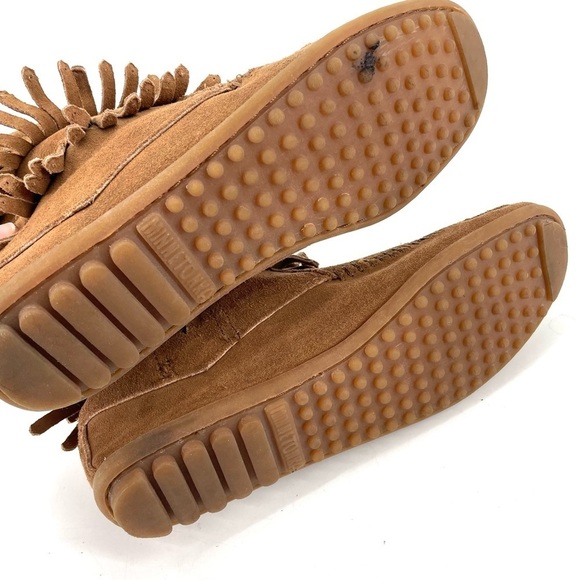 MINNETONKA Western Double Fringe Suede Taupe Brown Side Zip Ankle Bootie Boot - Picture 7 of 8